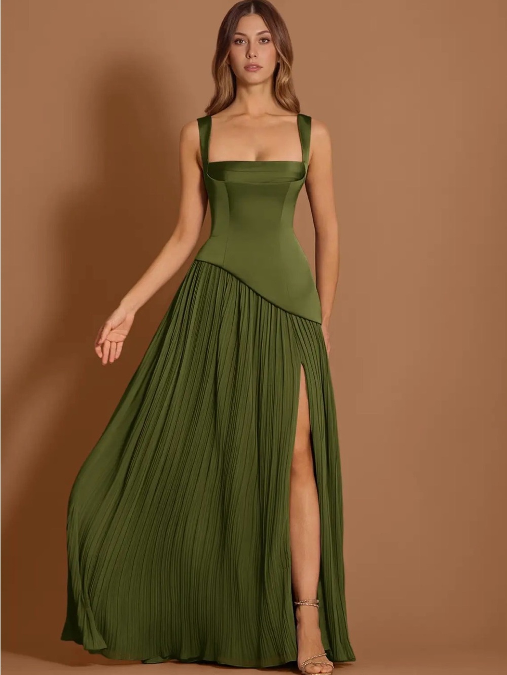 Azazie Olive Green Pleated Maxi Gown with High Slit - Picture 1 of 3